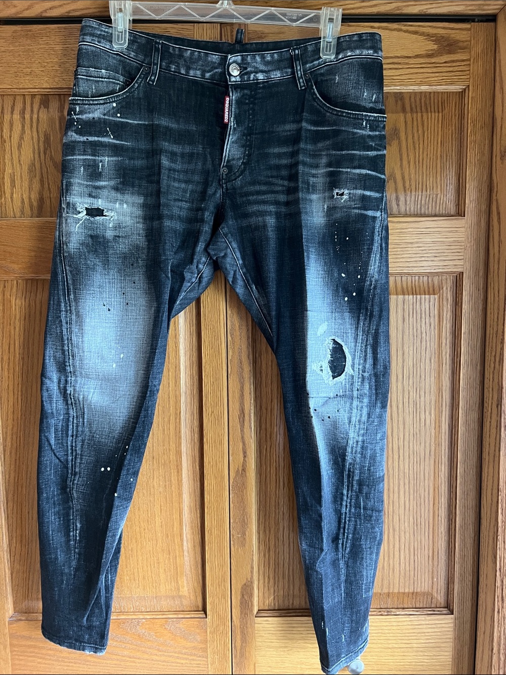 Men's Distressed Black Wash Jeans with Paint-Splatter Detail